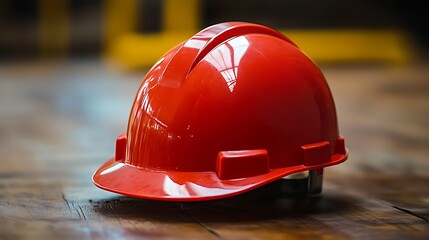 Bright red safety helmet on wooden surface. Symbol of workplace protection, construction awareness and occupational safety. National Safety Day concept