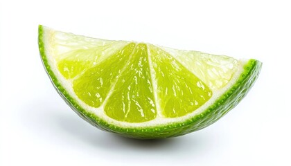 Fresh vibrant lime wedge isolated against a white backdrop, ideal for refreshing drink concepts, culinary designs, and zesty content.