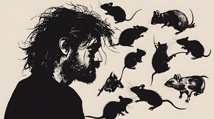 A contemplative man with messy hair surrounded by stylized silhouettes of various mice, evoking themes of introspection and solitude.