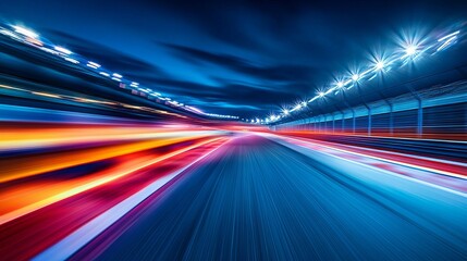 Naklejka premium Abstract speed motion blur on race track at night, racing car, formula one, fast, light trails