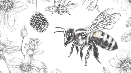 Detailed botanical illustration featuring a bee in flight among flowers and honeycomb.