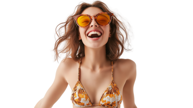 Young woman in vintage sunglasses and halter top, playful expression png 