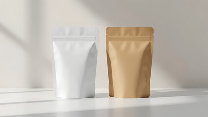 Minimalist packaging set with white and kraft stand-up pouches, paper bags with handles, and eco cotton tote. Natural light, eco-friendly concept, perfect for branding or mockup use.