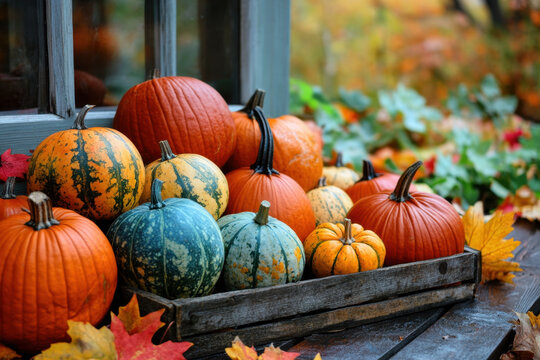 Crate of pumpkins atop hay bales at farmers market, vibrant orange against rustic backdrop, under clear blue sky.
