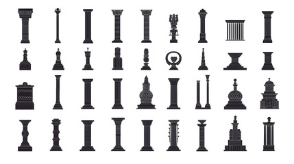 Collection of various decorative column designs in black silhouette.