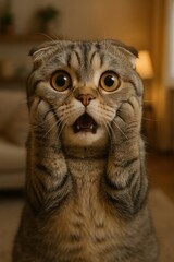 A surprised scottish fold cat with wide eyes and raised paws, expressing shock in a cozy indoor setting.