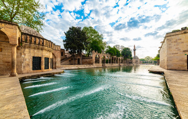 Balikligol (Fish Lake) in Sanliurfa, Turkey. Halil-ur Rahman Lake and Rizvaniye Mosque view. Balikligol the most visited places in Sanliurfa.