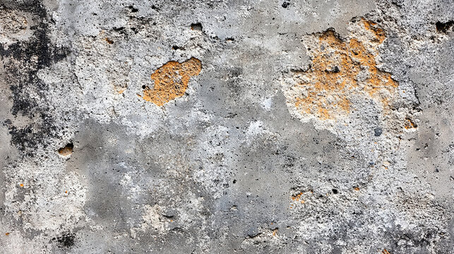 Close-up detail of crumbling concrete block wall with rough texture and orange rust discoloration. 