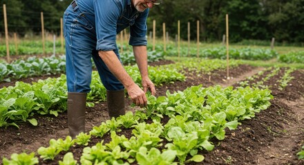 Person tending to rows of lettuce in a garden with trees in background.
