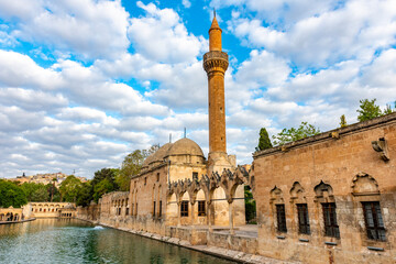 Fototapeta premium Balikligol (Fish Lake) in Sanliurfa, Turkey. Halil-ur Rahman Lake and Rizvaniye Mosque view. Balikligol the most visited places in Sanliurfa.