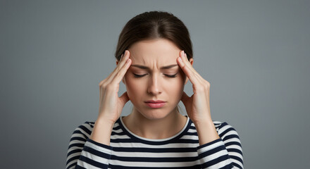 Woman with headache touching her temples showing stress and pain. Young woman in striped shirt suffering from headache and migraine