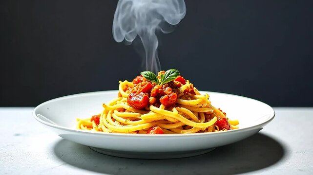 Spaghetti with tomato sauce. Hot pasta bolognese with steam in white plate on neutral background