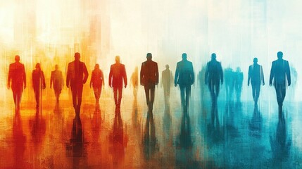 Fototapeta premium Silhouettes of People Walking Towards a Bright Future