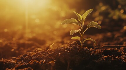 New Plant Sprouts From Rich Soil in Warm Sunlight, Symbolizing Growth and Renewal in a Thriving Garden