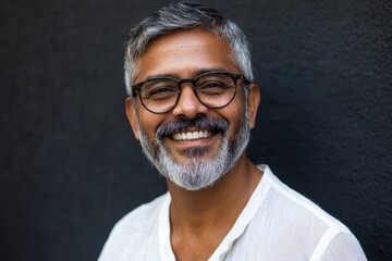 Obraz premium Cheerful Middle-Aged Indian Man Embracing Style with a Bright Smile in a Captivating Background