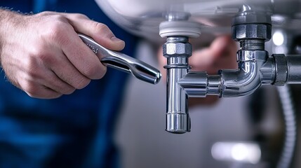A plumber tightening a pipe under a sink with a wrench in a close up shot of plumbing work