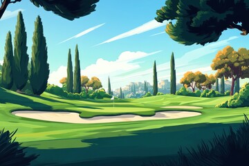 A scenic landscape of a golf course with well-maintained grass, sand traps, and tall trees, creating a perfect backdrop for a challenging game of golf.