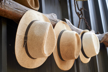 Vintage straw hats with dark bands hanging side by side on weathered wooden rack, presenting...