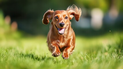 Energetic Miniature Dachshund Sprinting Towards the Lens on Lush Green Grass in a Vibrant Outdoor Family Setting