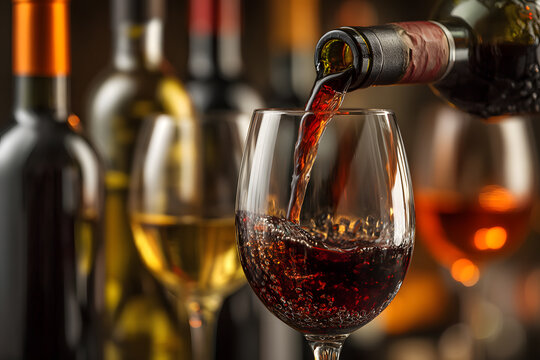 Red wine flows into an elegant glass, surrounded by an array of bottles on a softly lit table during an evening gathering. The atmosphere is warm and inviting, perfect for socializing.