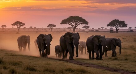 Fototapeta premium elephants at sunset