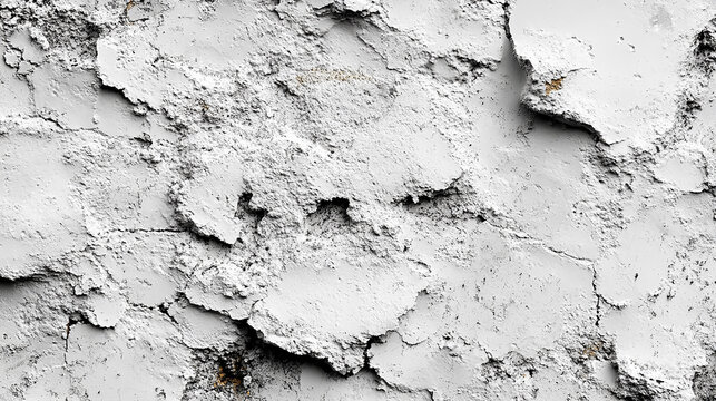 Weathered textured rough cement wall with flaking paint and orange stain spots close up.