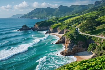 Obraz premium Picturesque Coastal Escape with Azure Waves and Greenery Highlighting Climate Change Awareness