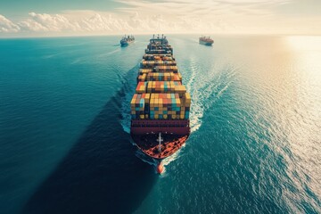 Large cargo ships sail across the vast ocean, transporting containers in a global trade and shipping scene. The ocean stretches endlessly, with freight 