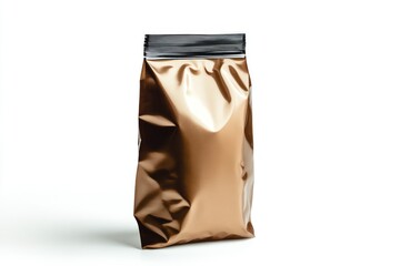 Obraz premium A sleek, blank foil plastic pouch coffee bag, isolated on a white background, showcasing a clean, professional packaging design.