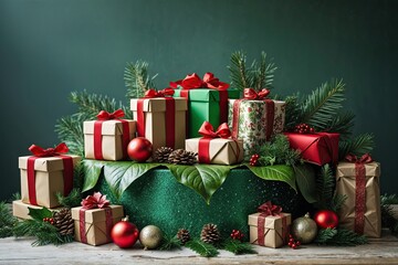 Lively Yuletide Gifts Arranged on a Leafy Green PodiumPlayful Holiday Treats on a Whimsical Shimmering Green Stand