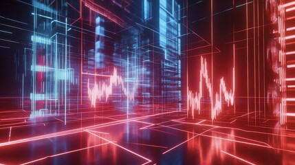 Abstract Neon Cityscape: Red and Blue Digital Stock Market Data Visualization
