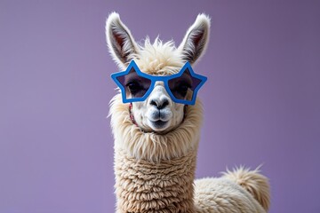 Fototapeta premium Cute Fluffy Llama Wearing Blue Star Sunglasses on Soft Lavender Background with Generous Copy Space