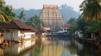 Sree padmanabhaswamy temple view with water reflection and houses in kerala india landscape scene