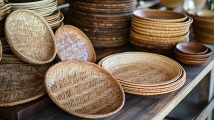 Handcrafted eco-friendly products--wicker baskets and woven bamboo plates, all made with sustainable natural materials.
