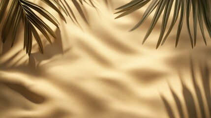 Obraz premium Golden Sand Illuminated by Sunlight Highlights Delicate Palm Leaf Shadows, Evoking a Serene Beach Atmosphere