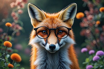 Naklejka premium Charming Portrait of a Clever Fox Wearing Glasses Against an Enchanting Background