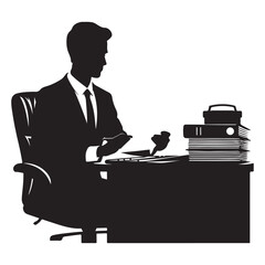 Busy Business Professional Silhouette Working at Desk with Documents
