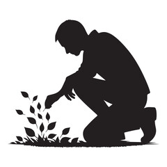 Gardening Silhouette Vector Illustration Man tending to plants in garden
