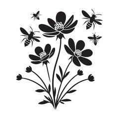 Floral Silhouette with Bees Vector Art Attracting Pollinators Illustration