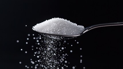 A spoonful of sugar set against a black background, creating a minimalist and elegant food composition.
