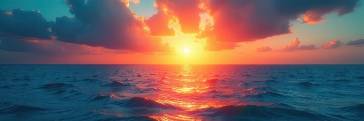 Fototapeta premium Azure sky meets fiery sun, ocean reflects vibrant hues, sky, nature