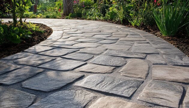 Interlocking concrete pavers, in an array of colors and textures, form a sturdy walkway, their design providing both practicality and aesthetic appeal for outdoor spaces.