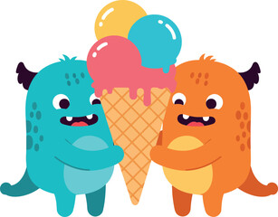 Fototapeta premium Two playful cartoon monsters joyfully sharing a colorful ice cream cone in a flat vector illustration