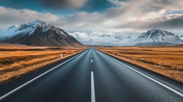 A straight asphalt highway stretching toward snow-capped mountains and cloudy skies, depicting a natural landscape perfect for road trips - Powered by Adobe
