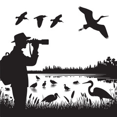 Silhouette Birdwatcher Photographing Wildlife Observing Nature in Tranquil Environment