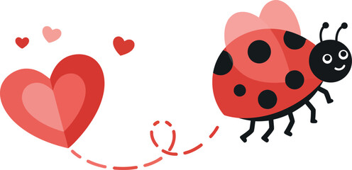 A cheerful ladybug flying with hearts in a minimal style vector illustration