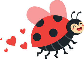 Fototapeta premium Cute ladybug character with pink wings and hearts, minimal style vector art