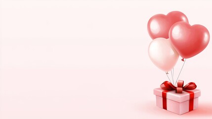 Festive Pink and Red Balloons Alongside Heart-Shaped Chocolates and a Gift Box on a Soft Pastel Background Celebrating Love