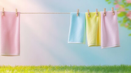 Colorful towels hang on a clothesline, basking in the soft sunlight of a serene outdoor setting.