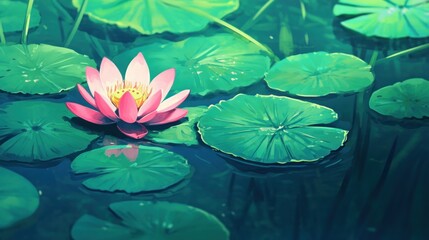 A tranquil close-up of a blooming pink lotus in a pond, surrounded by vibrant green lily pads, evoking a peaceful, serene atmosphere.